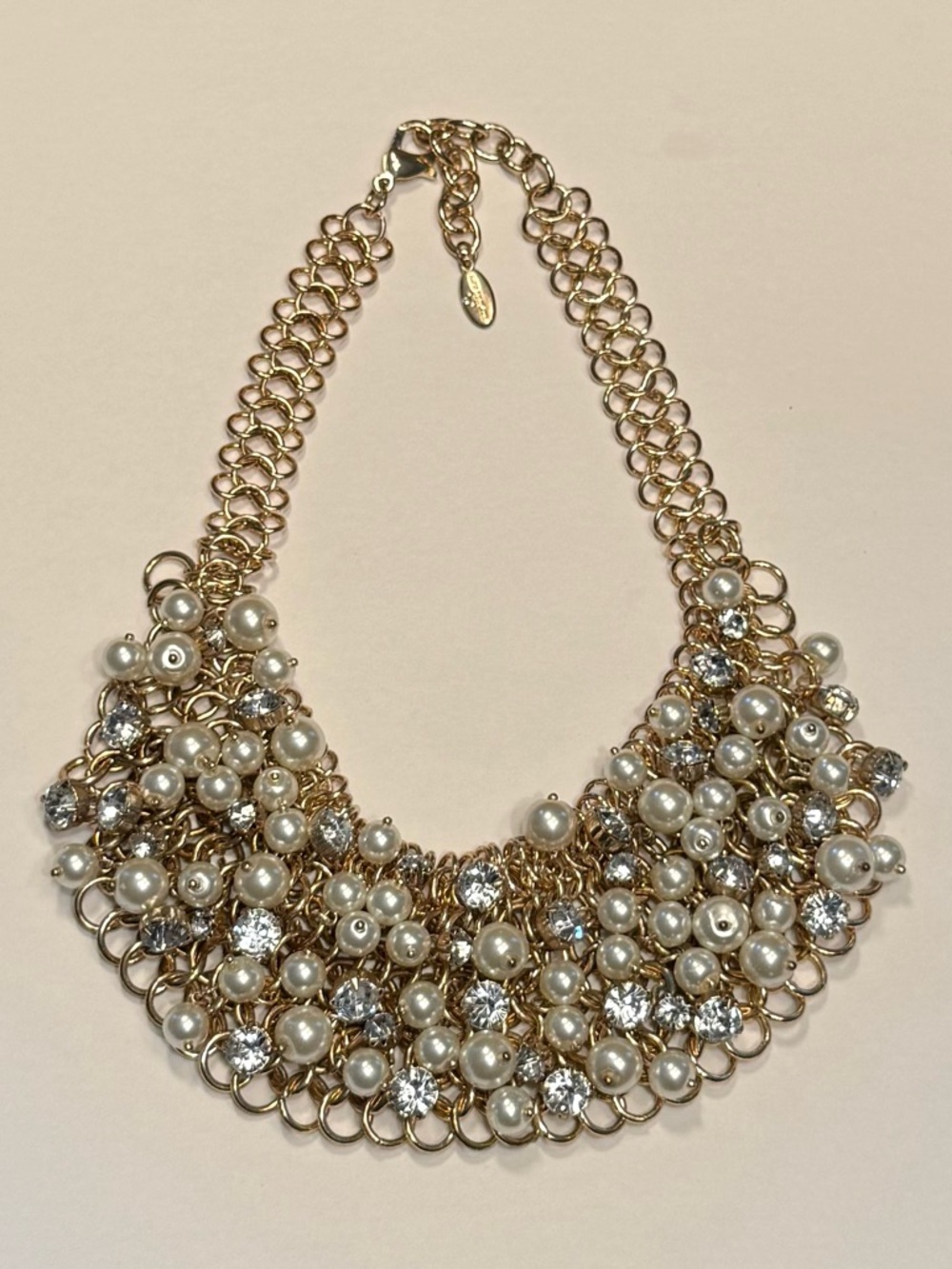 Ann Taylor Crystal and Faux Pearl Bib Statement Necklace Gold Tone